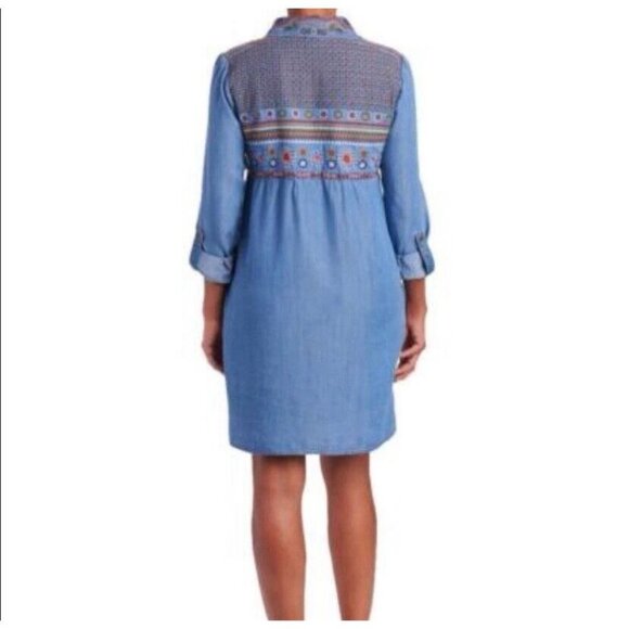 Chelsea & Theodore denim shirt dress boho embroidered size L colorful E12 - Picture 9 of 9